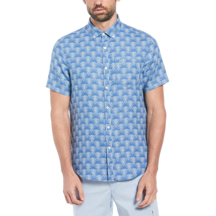 Linen Palm Print Short Sleeve Shirt