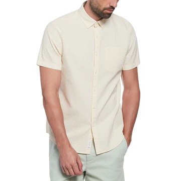 Cotton Dobbu Basketweave Textured Short Sleeve Button-Down Shirt