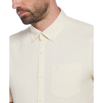 Cotton Dobbu Basketweave Textured Short Sleeve Button-Down Shirt