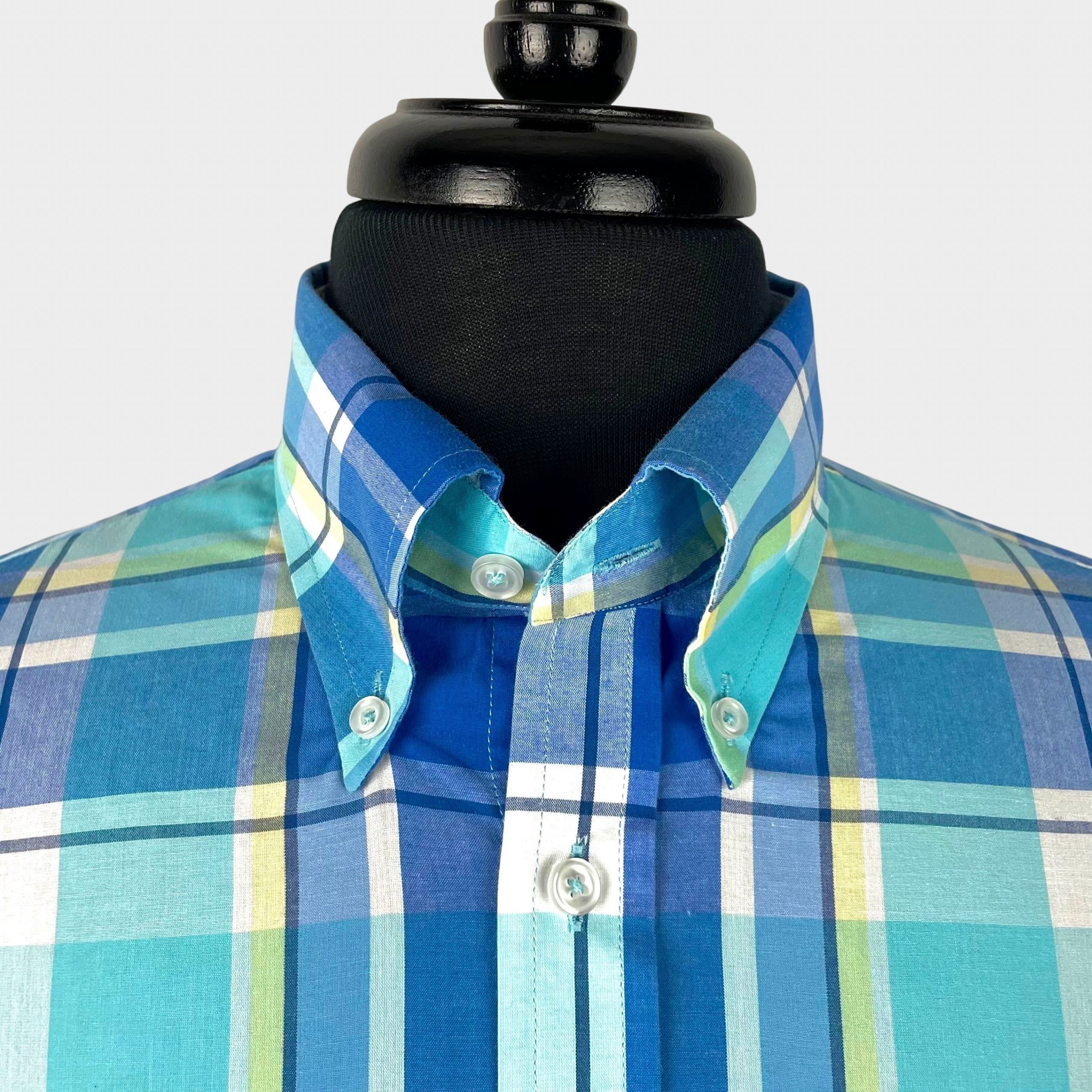 Cobalt Blue Powder Sea Green Check Short Sleeves Shirt