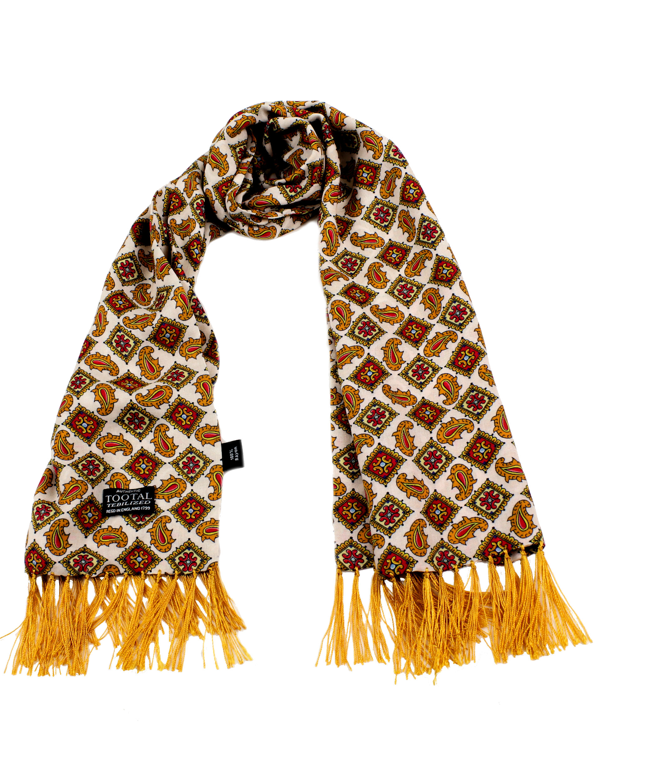 Gold Diamond Paisley Design Fringed Rayon Scarf