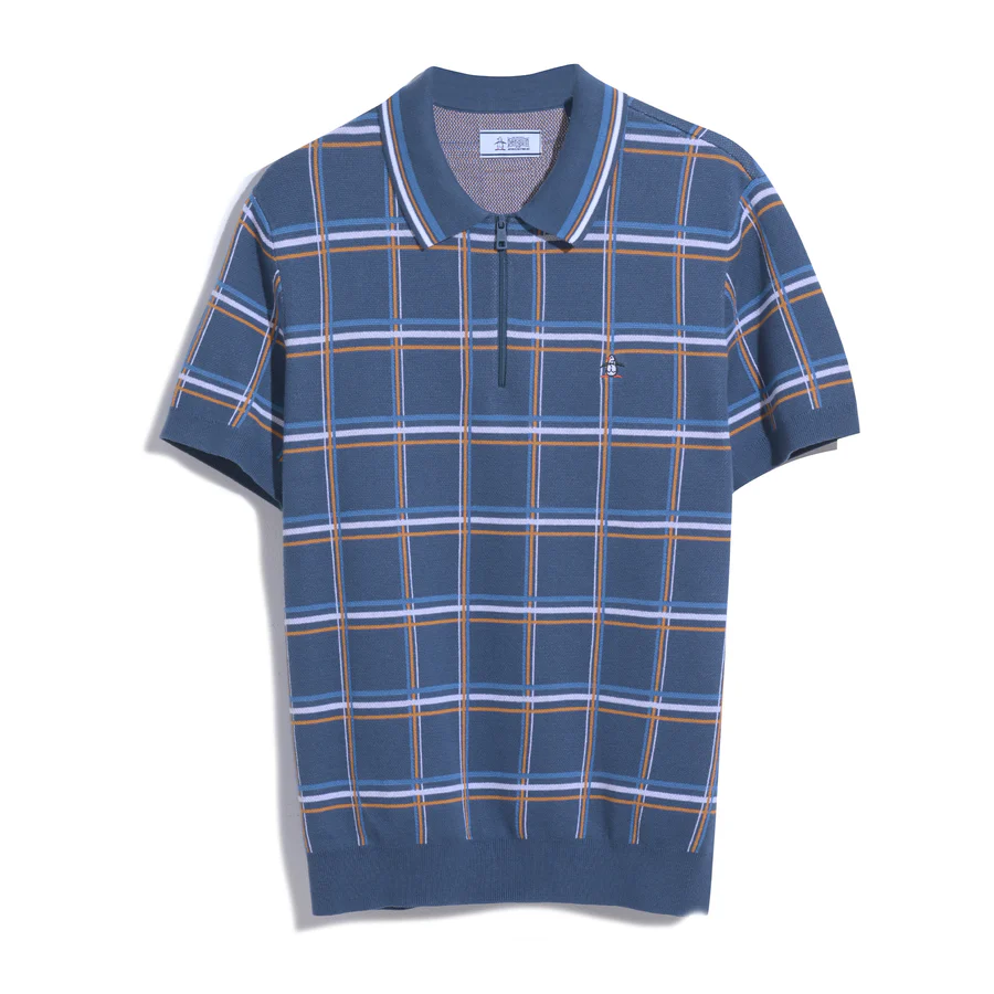 Plaid 14 Zip Sweater Polo In Sargasso Sea